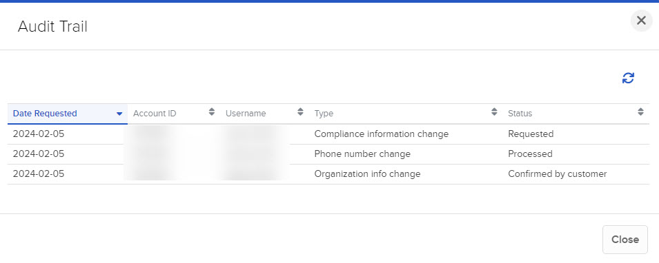 The audit trail panel in broker portal. 